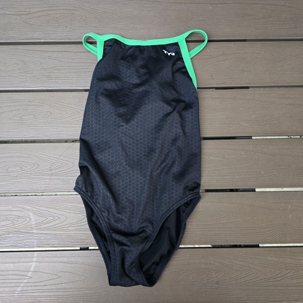 TYR Youth Girl's Durafast Elite Hexa Green/black 1 Piece Swim SZ 26 New No Tag
